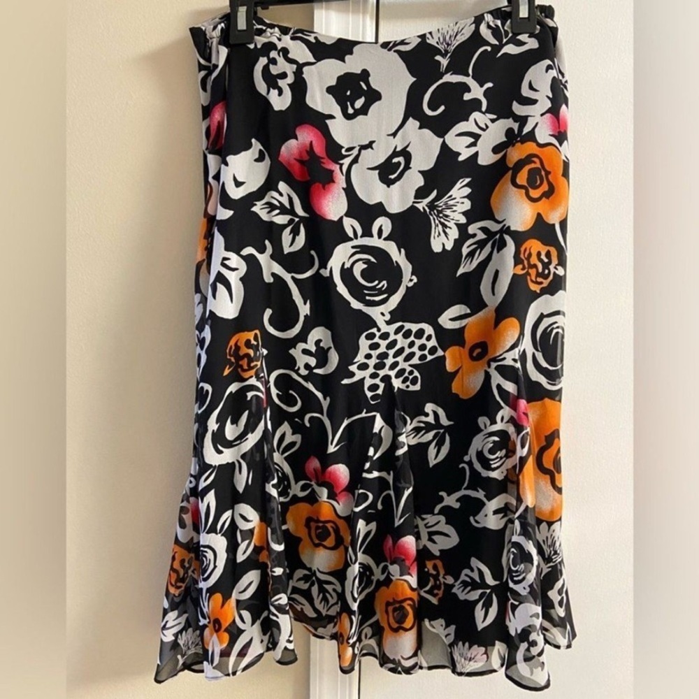 Chico's Black and Orange Floral A-Line Skirt silk Medium